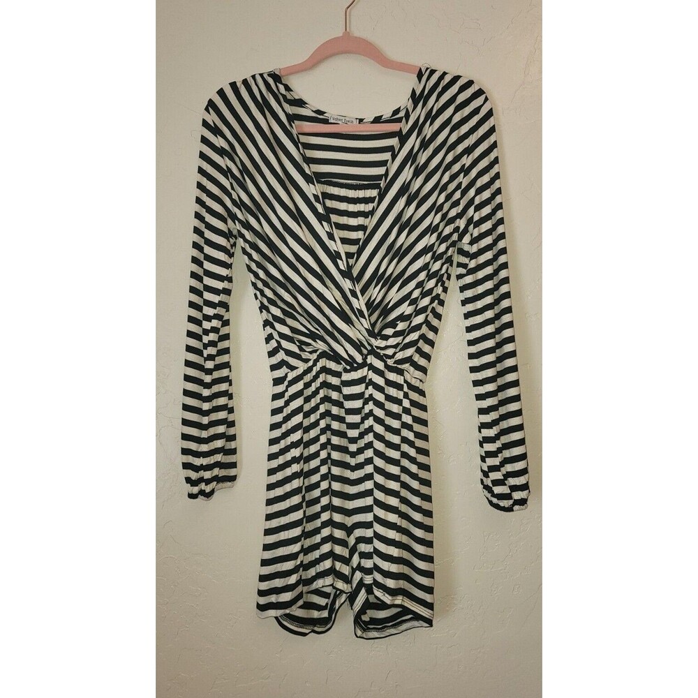 New Velvet Torch Womens S Romper Black Striped Long Sleeve Wrap Front V-Neck